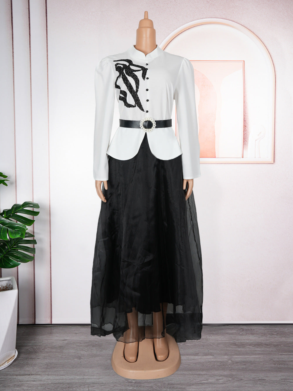 Women long-sleeved button fake two-piece Beaded dress 12