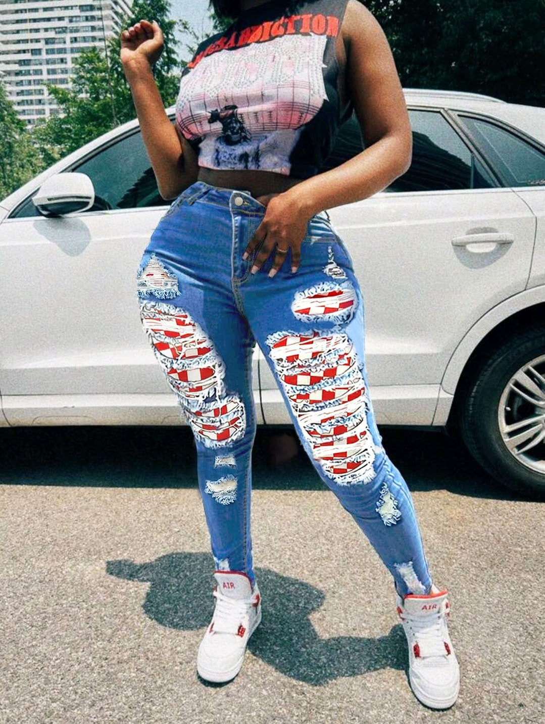 Sexy Red Plaid Patch Ripped Tight-Fitting Casual Stretch Denim Pants 6