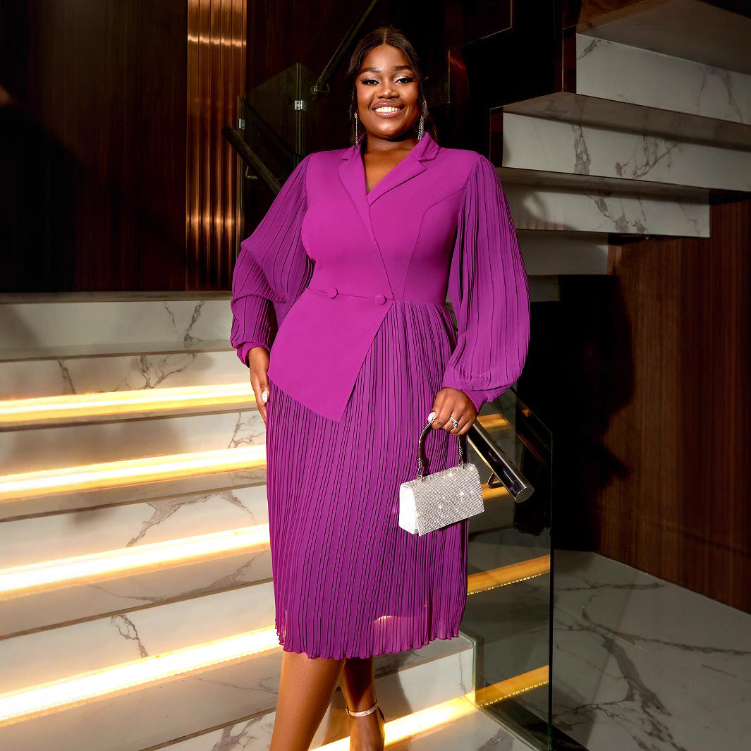 Women Turndown Collar Lantern Long Sleeve Asymmetric Pleated Dress 5