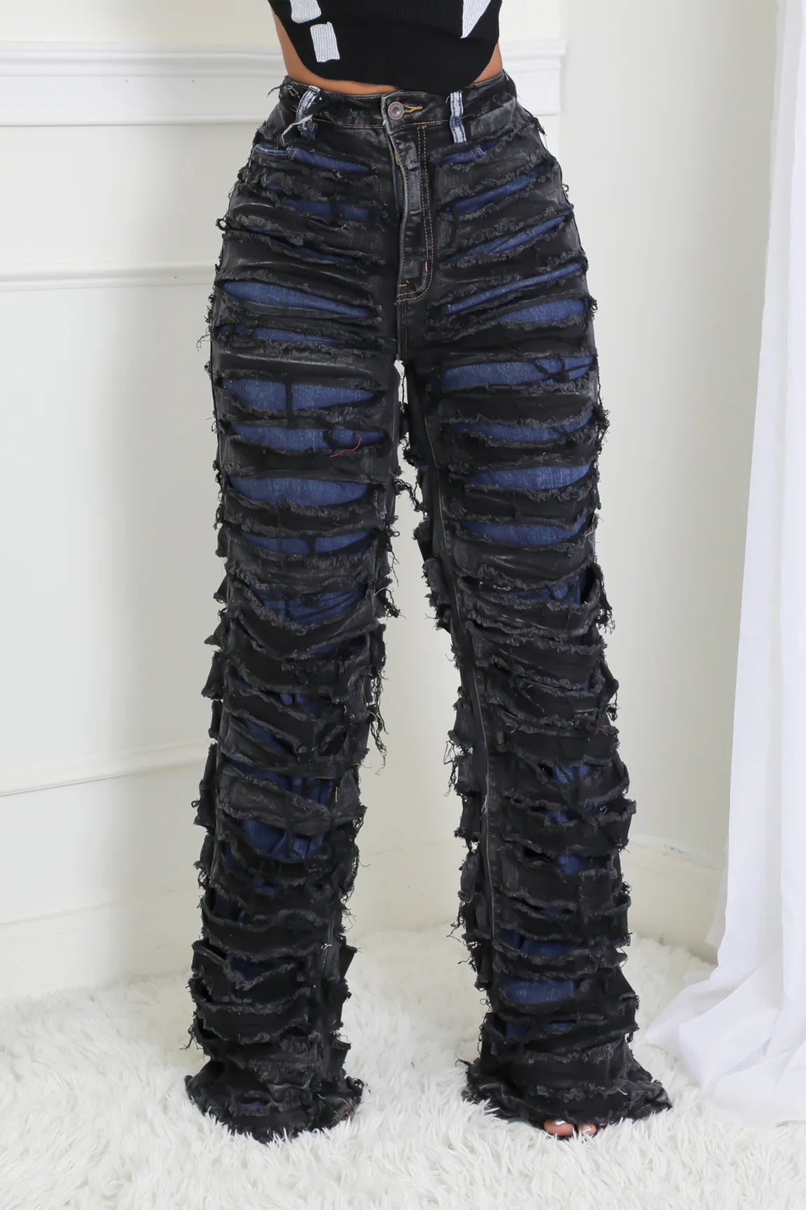 Women Double Ripped Denim Pants 7