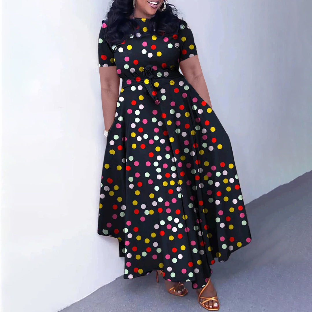 Women's Fashion Chic Tie-Waist African Plus Size Short Sleeve A-Line Dress 6