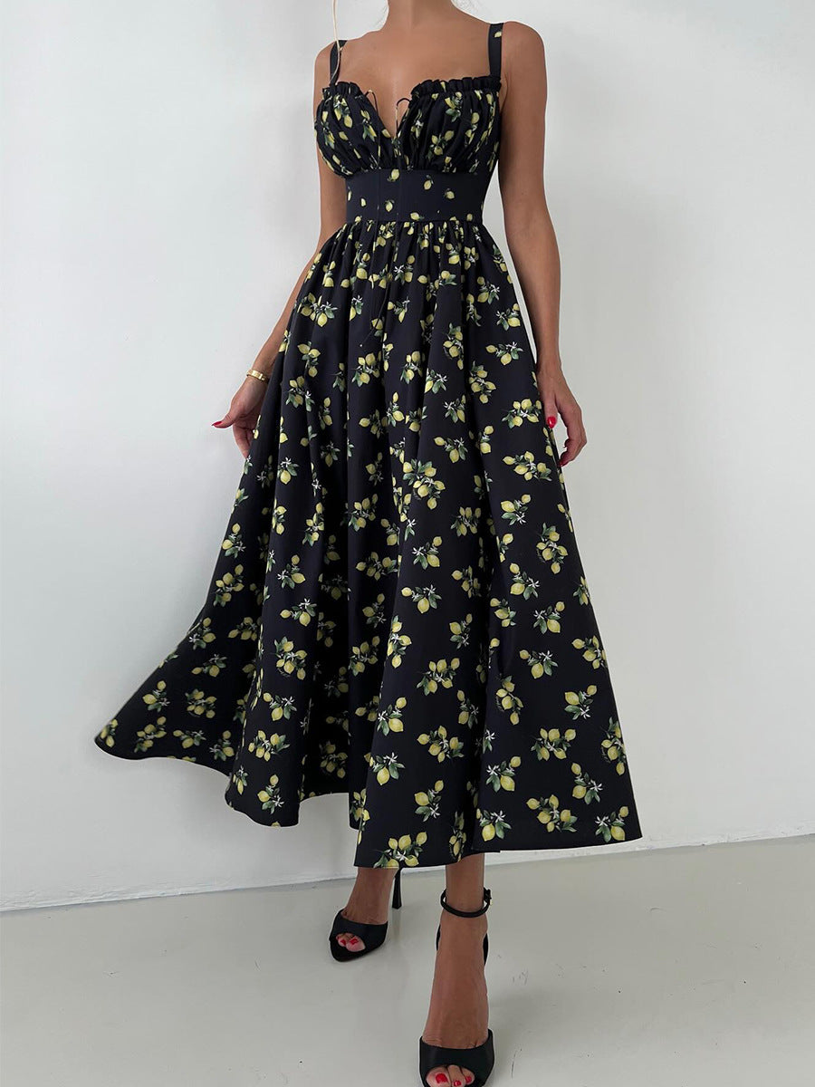 Women's Summer Printed Straps Slim Slit Long Dress 3