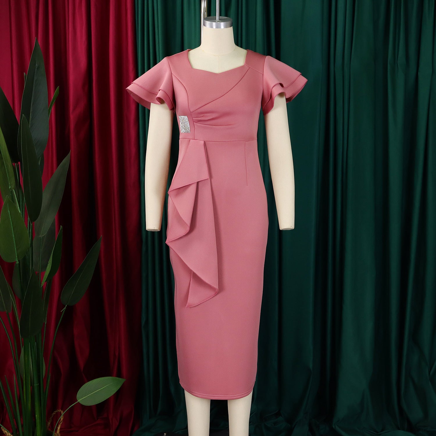 Women Elegant Ruffle Solid Bodycon Dress 17