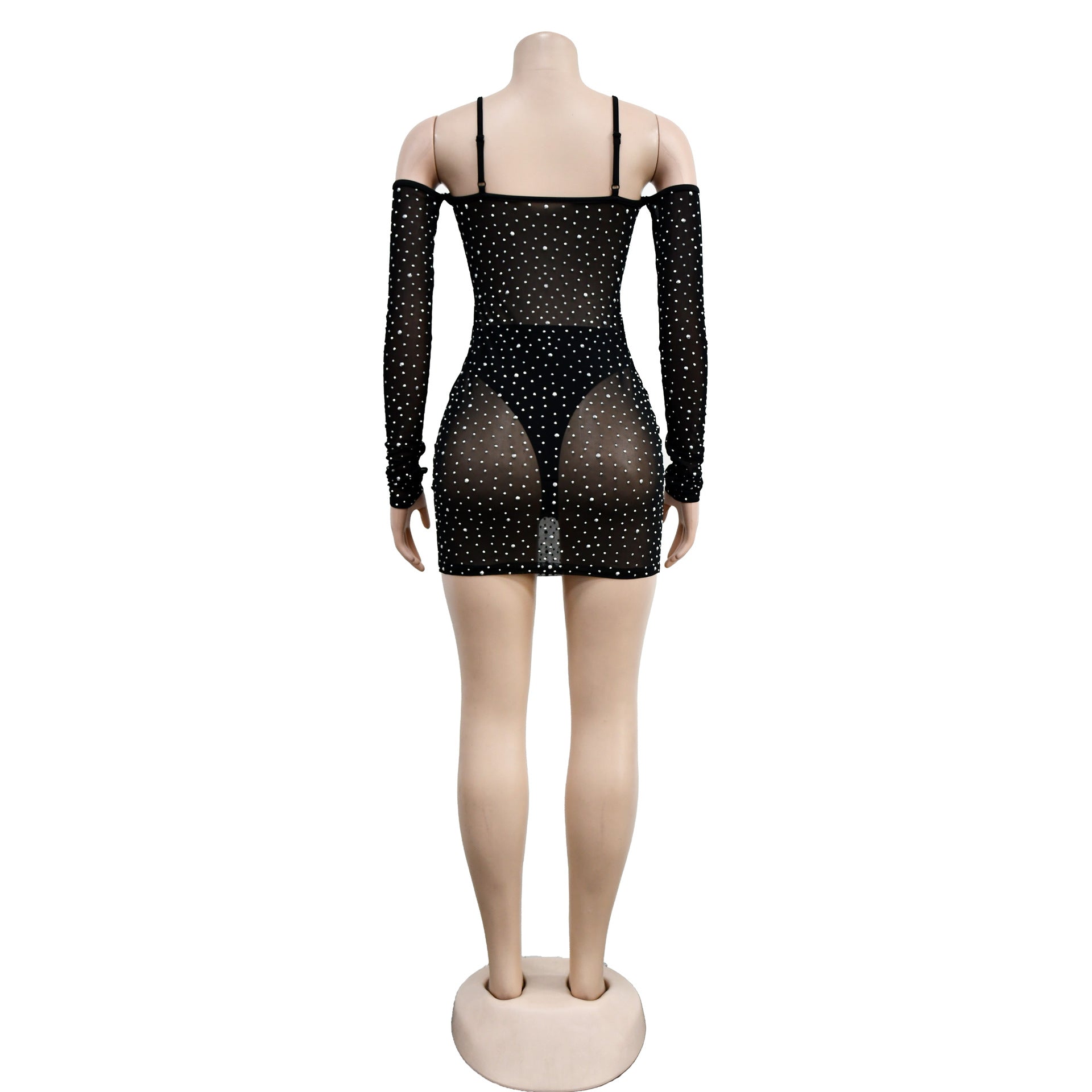 Women's Fashion Solid Color Mesh Beaded See-Through Slip Dress 16