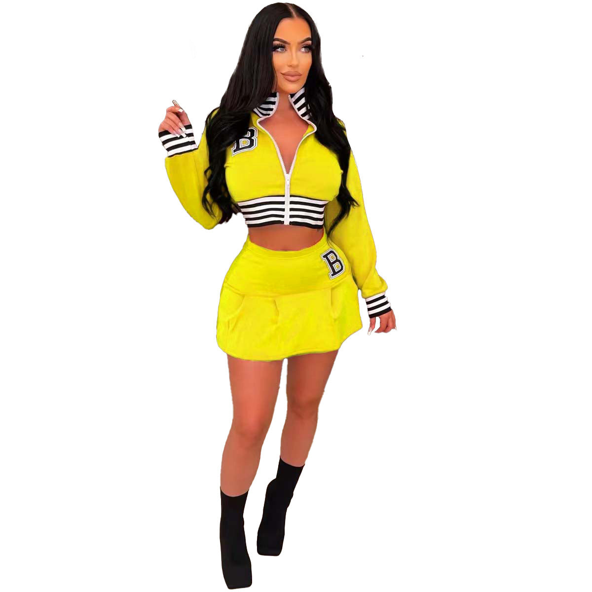 Women Casual Long Sleeve Letter Print Baseball Jacket and Mini Skirt Two-Piece 5