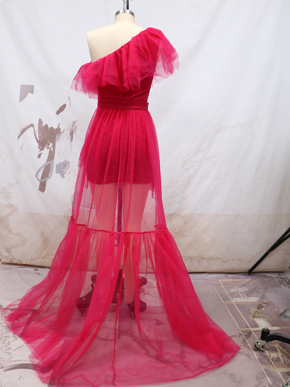 Women's Summer Style Slash Shoulder Pleated Mini Dress Mesh Trailing Formal Party Dress 13