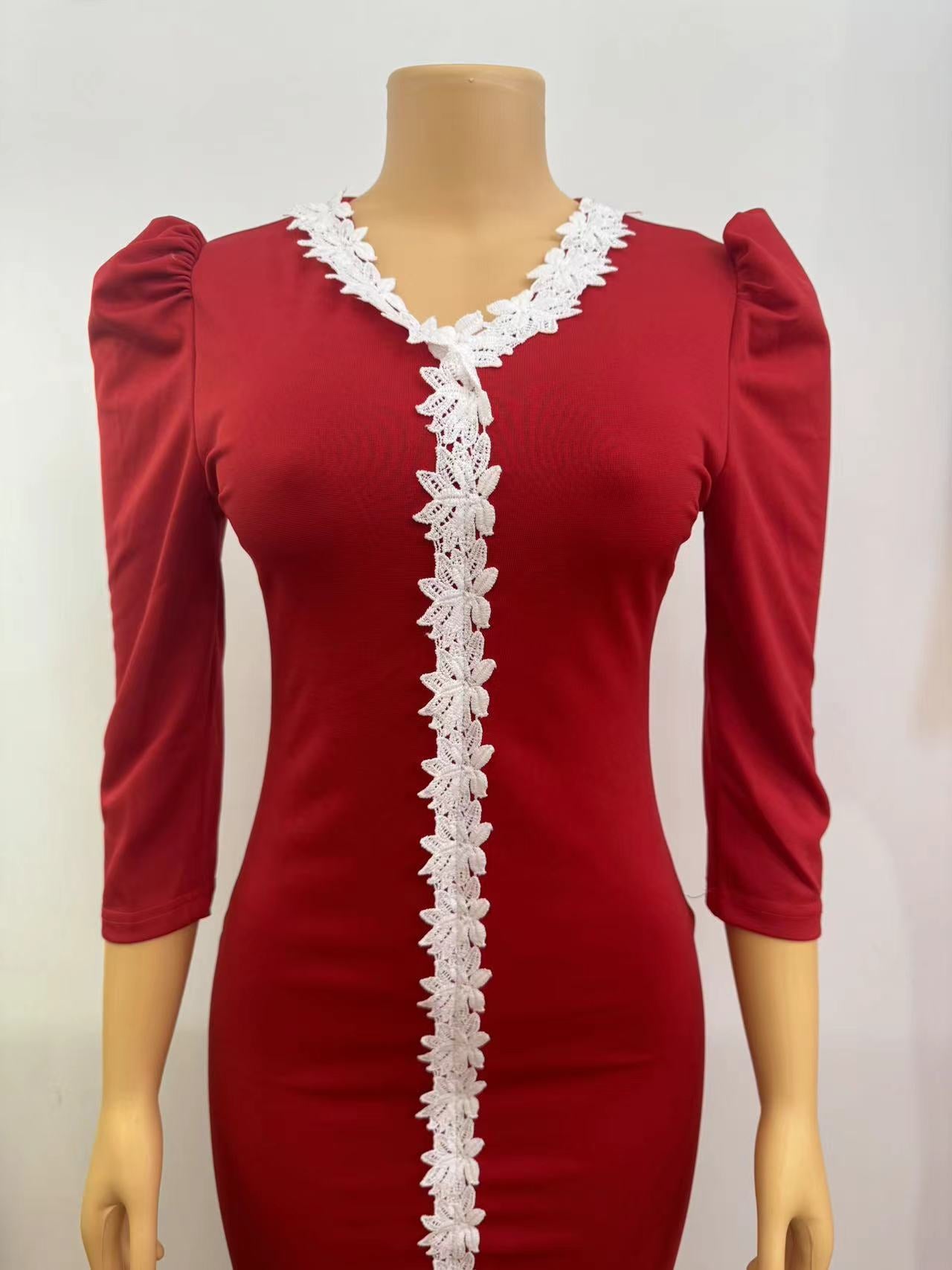 Women's Solid Color Lace V-Neck Slim Plus Size Dress 10