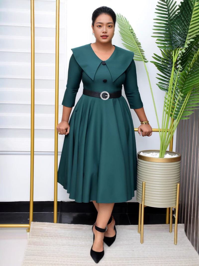 Women's Chic Turndown Collar Short Sleeve A-Line African Dress 8