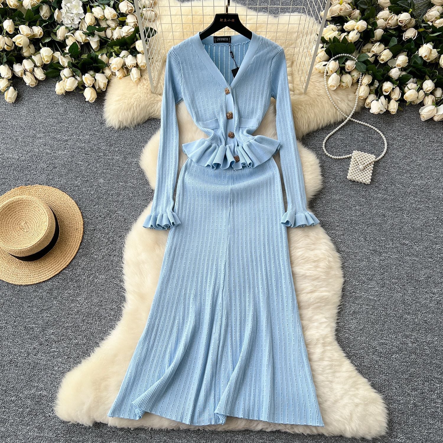 Women Autumn Metal Button Knitting Dress 9