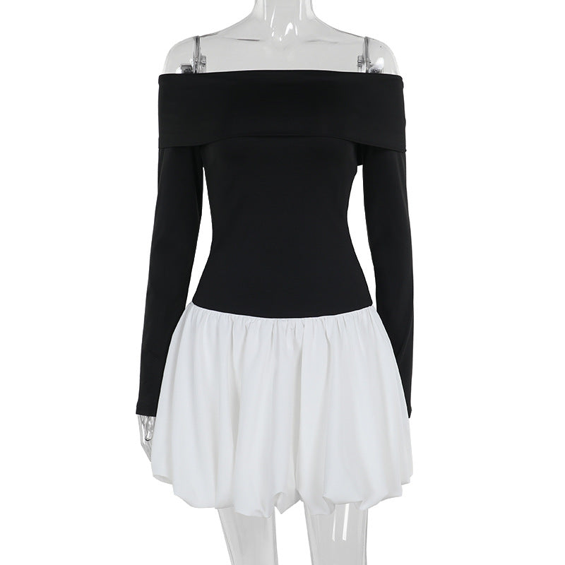 Autumn Casual Off Shoulder Color Matching Long Sleeve A-Line Women Short Dress 8