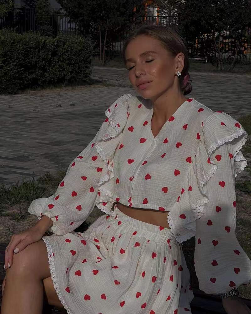 Women Ruffle Strawberry Print Long Sleeve Top and Skirt Two-Piece Set 20