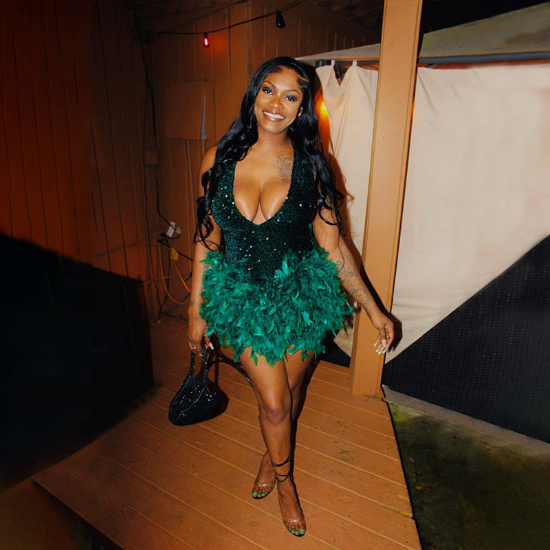 Summer Women's Deep V Neck Low Back Sequin Feather Bodycon Dress