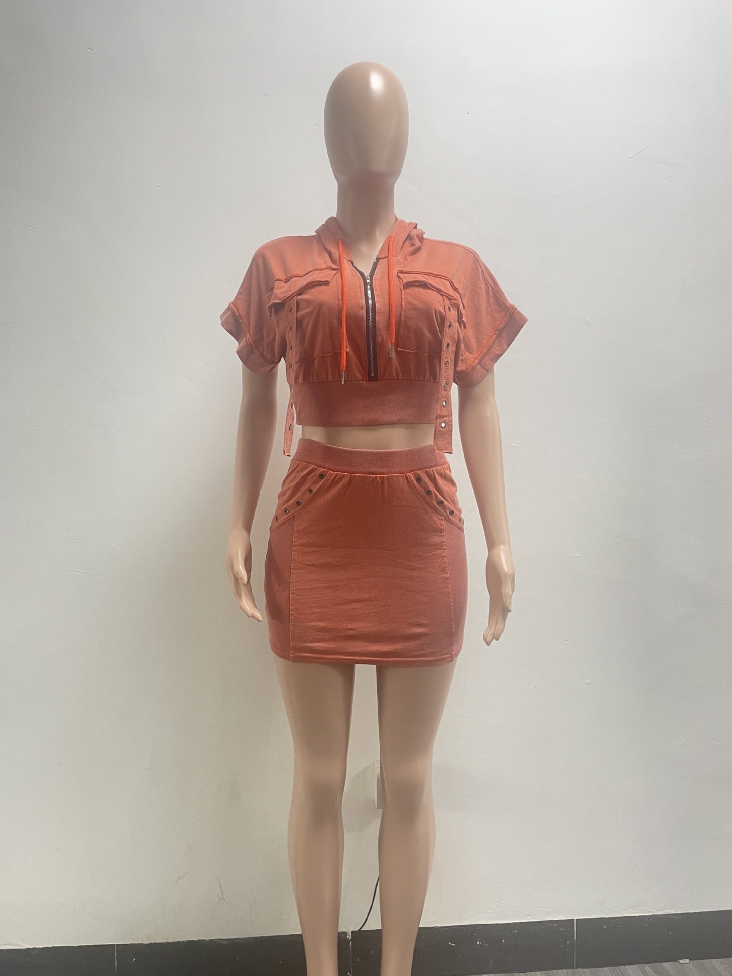 Women Fashion Short Sleeve Patchwork Pocket Top and Skrit Two-piece Set 7