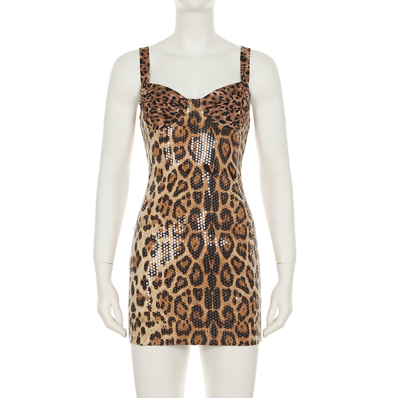 Women Spring Summer Leopard Sequin Sleeveless Strap Slim Bodycon Dress 9
