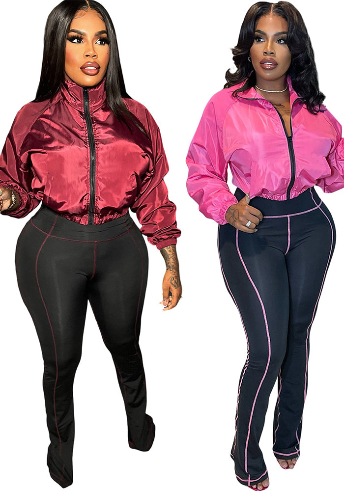 Women Casual Zippered Top and Bell Bottom Two-Piece Set