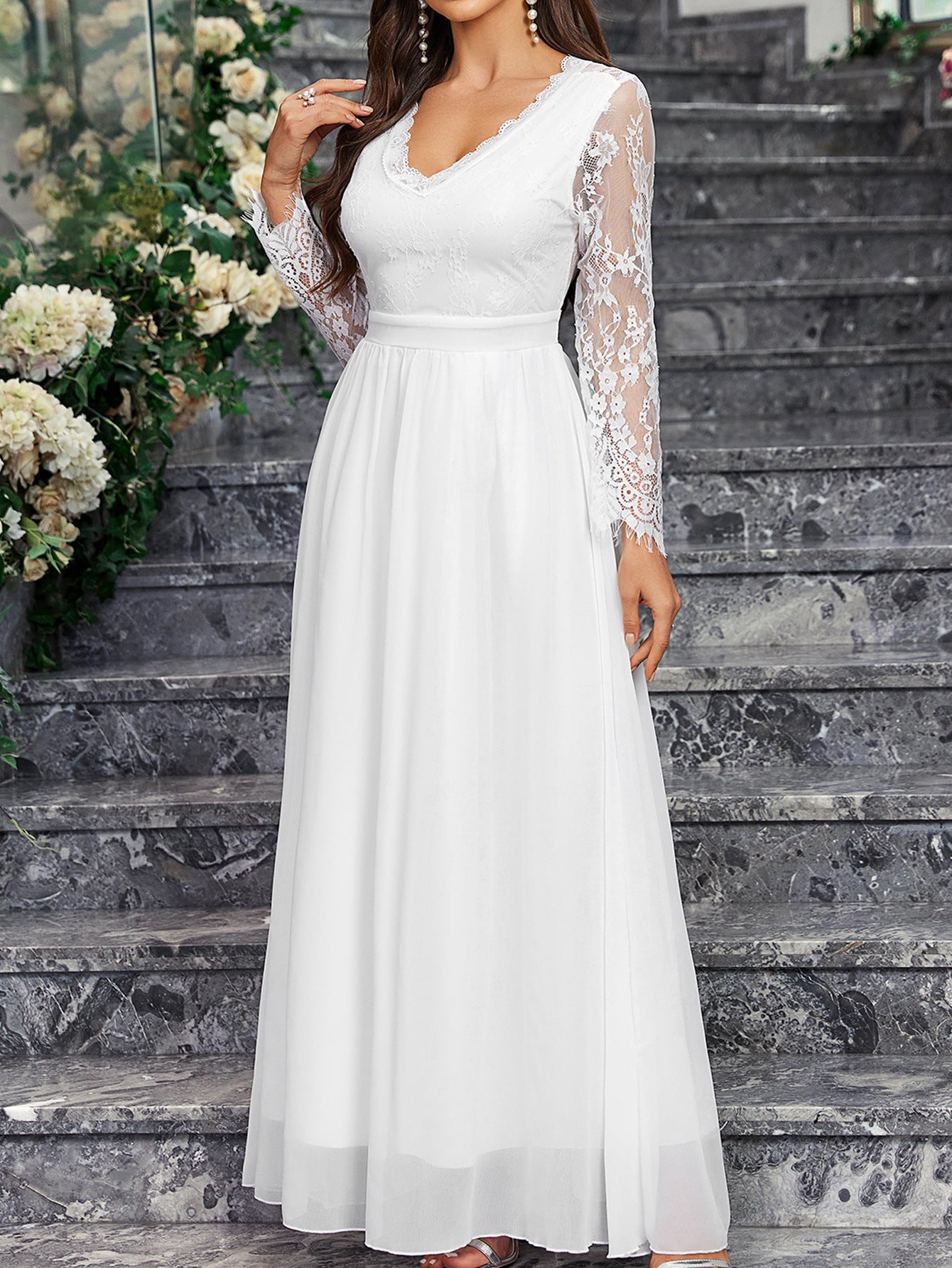 Women's Long Sleeve V Neck Low Back Lace Chiffon Wedding Bridesmaid Dress Formal Party Gown 5