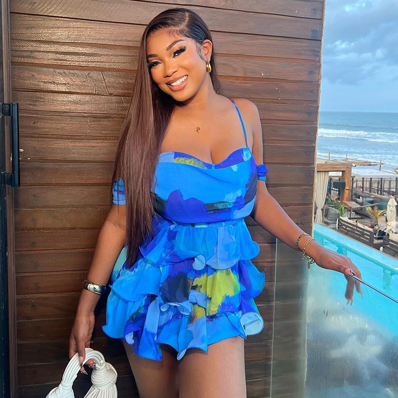 Women printed Chic sexy suspenders Backless dress