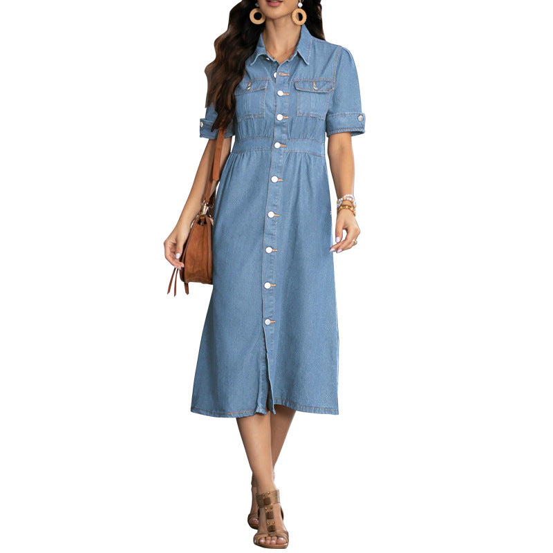 Women Denim Turndown Collar short-sleeved dress 8