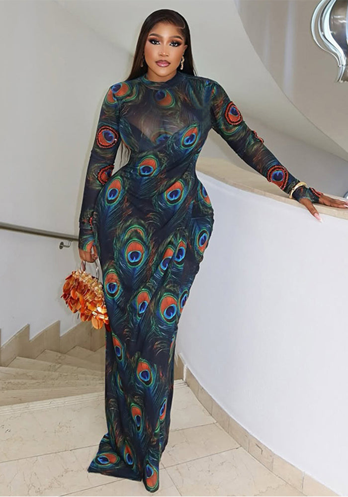 Stylish Women's Printed Sexy Sheer High Neck Long-Sleeve Slim Fit Long Dress