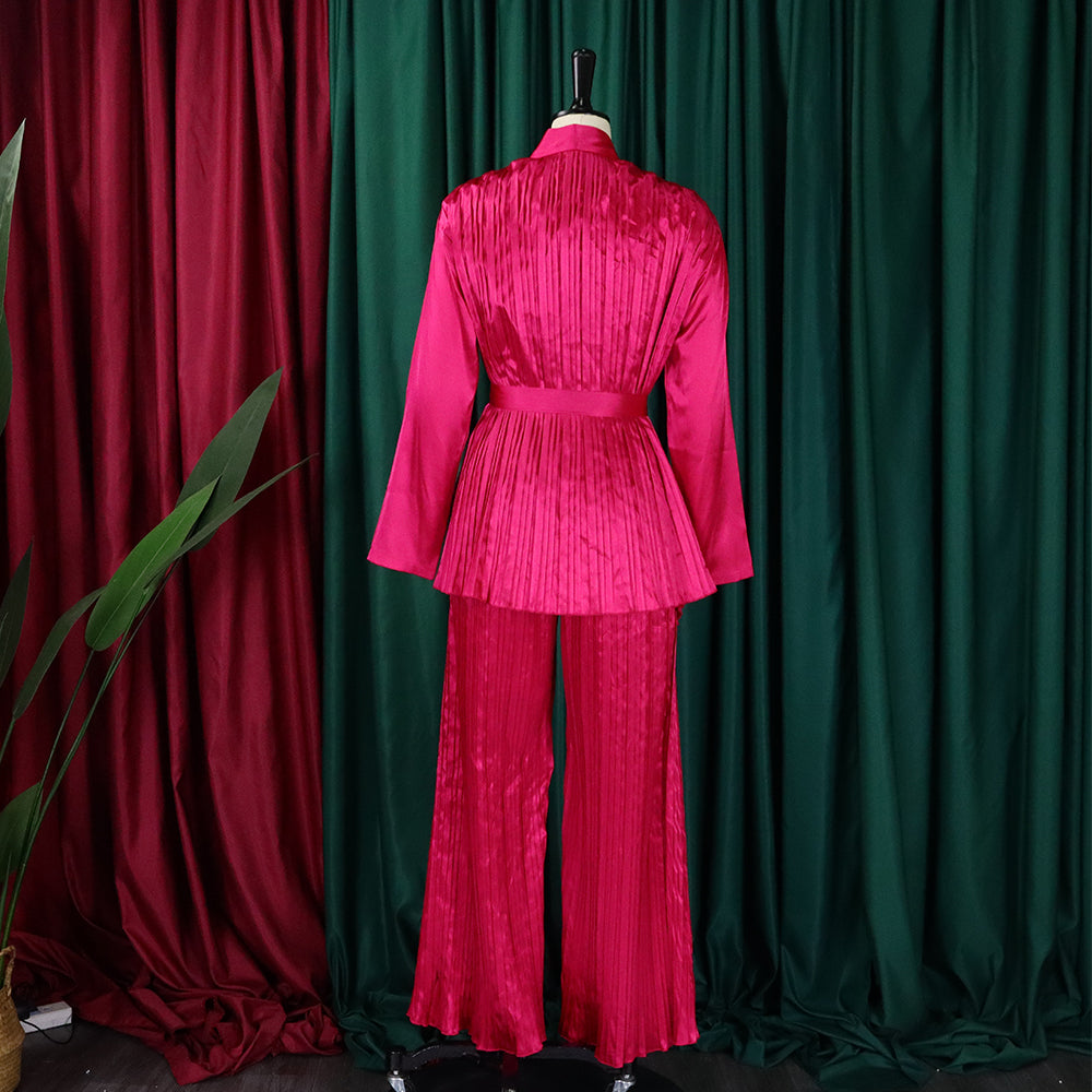 Women's Solid Color Pleated Loose Long Sleeve Lace-Up Shirt-Pants Two-Piece Set 14