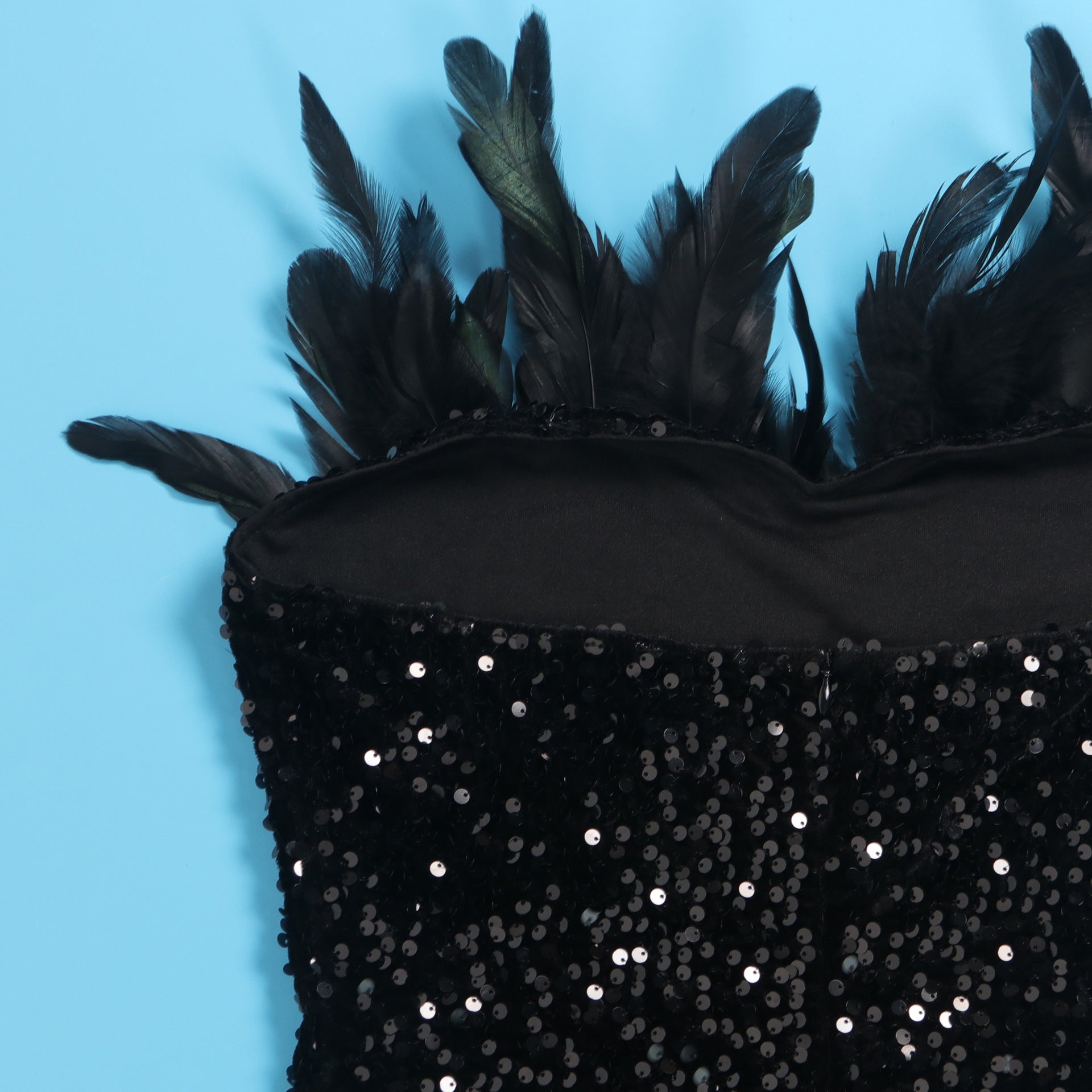 Sexy Feather Sequin Strapless Tight Fitting Slim Bodycon Dress 38