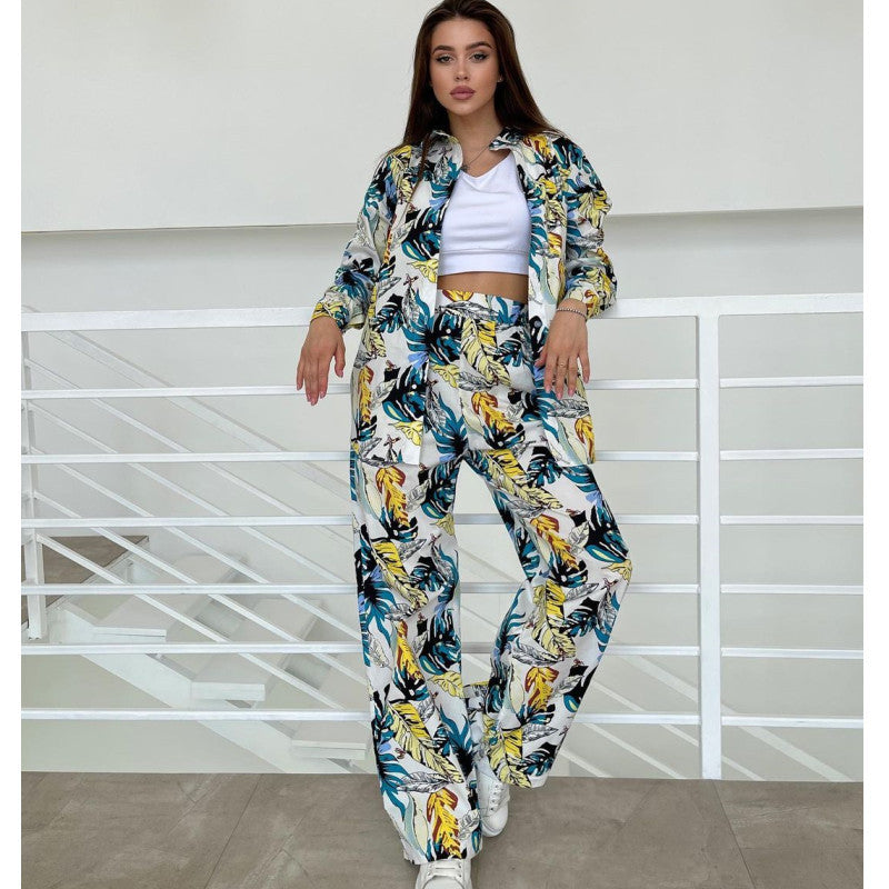 Autumn Fashion Floral Print Plus Size Loose Top High Waisted Wide Leg Pants Women Casual Suit