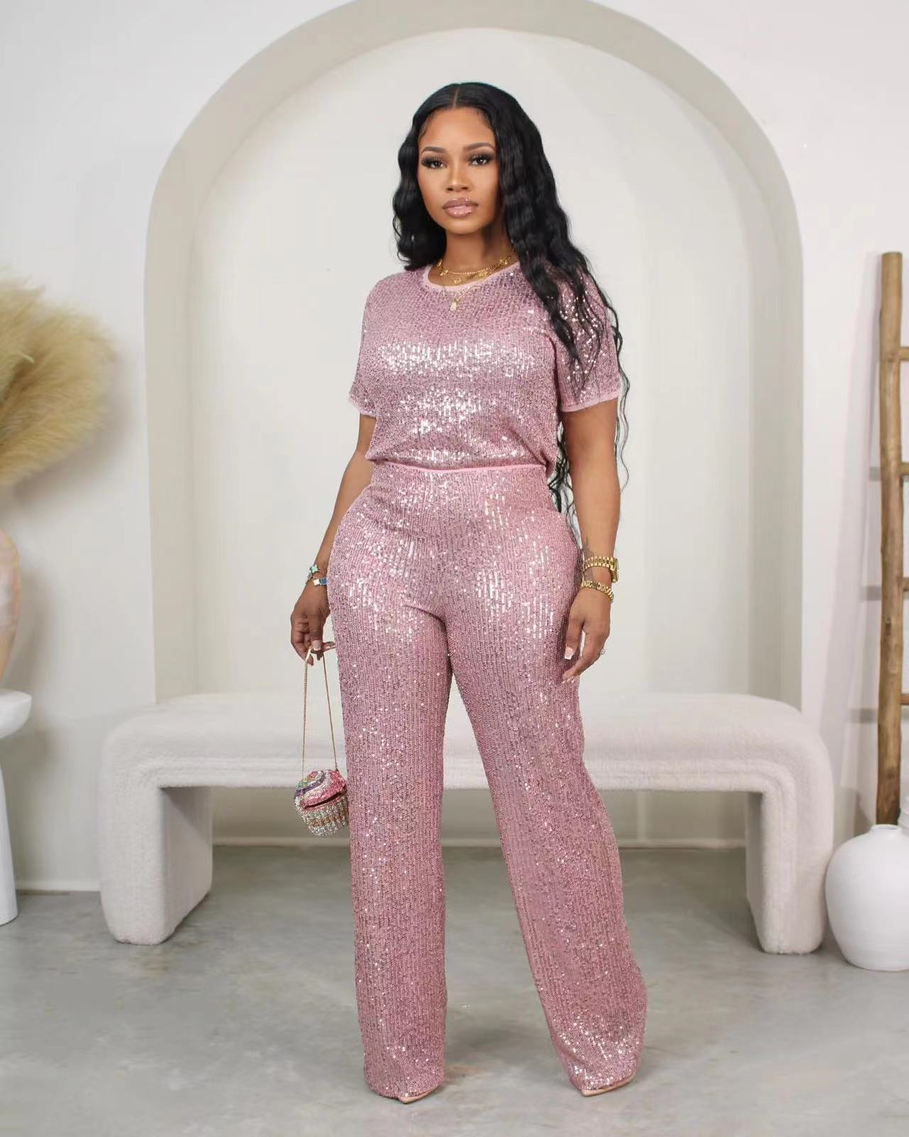 Women Spring Summer Sequin Solid Short Sleeve Top and Pants Two-piece Set 3