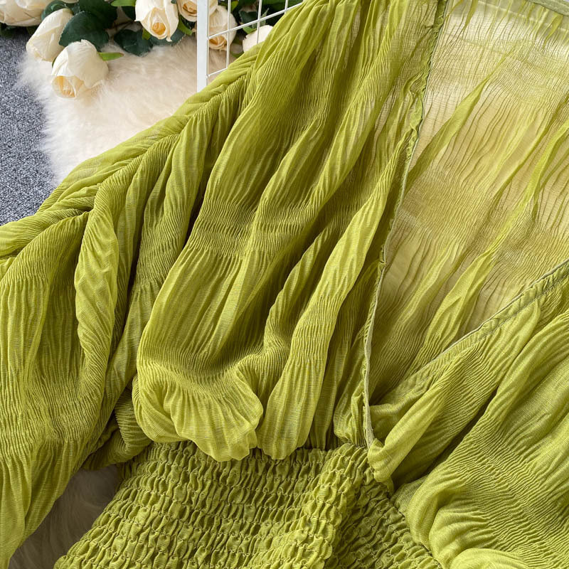 Pleated Puff Sleeves Slim Short Fashionable Chiffon Shirt Tops 34