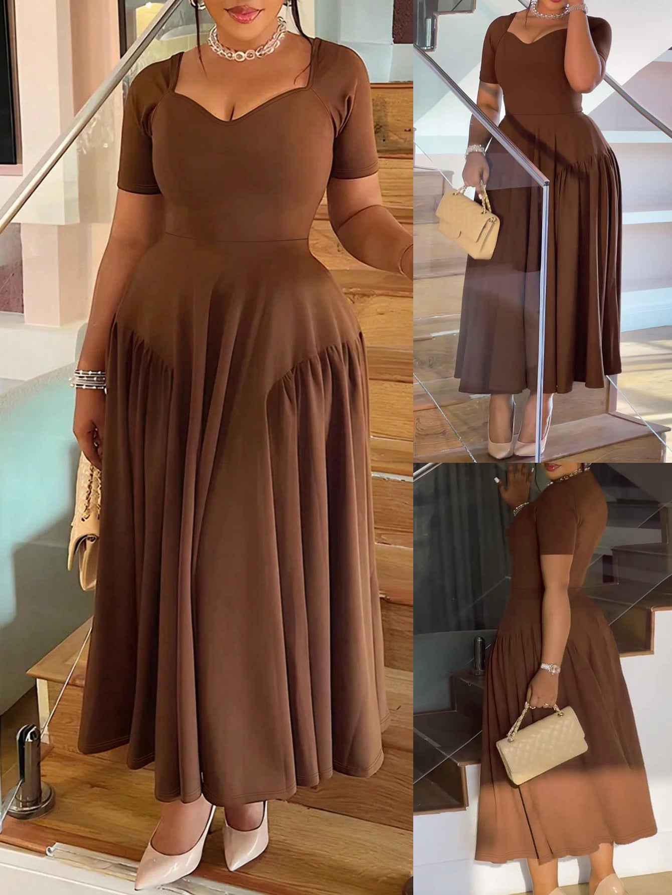 Spring Summer Women's Fashion Elegant Short Sleeve Slim Waist A-Line Plus Size Dress 3