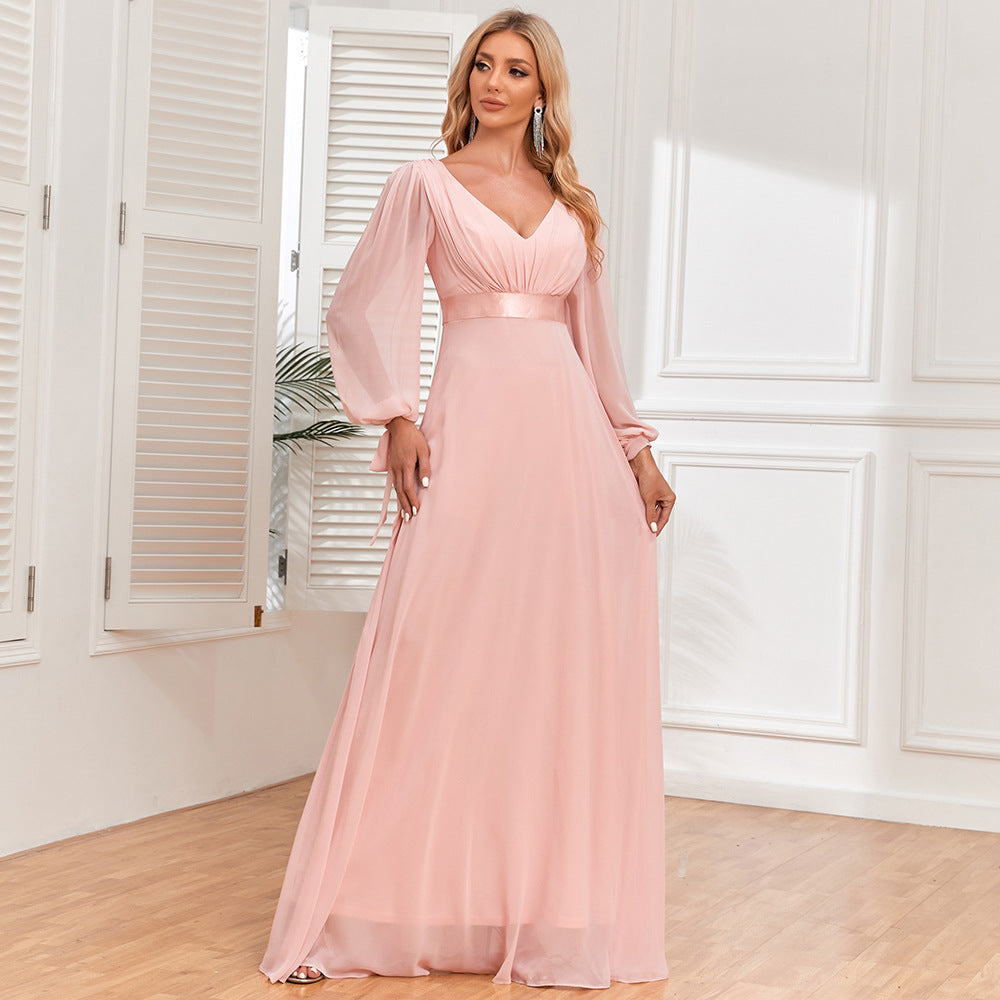 Pink Chiffon Dress Lace-Up Long Sleeves V-Neck Patchwork Elastic Waist Full Swing Evening Dress 7