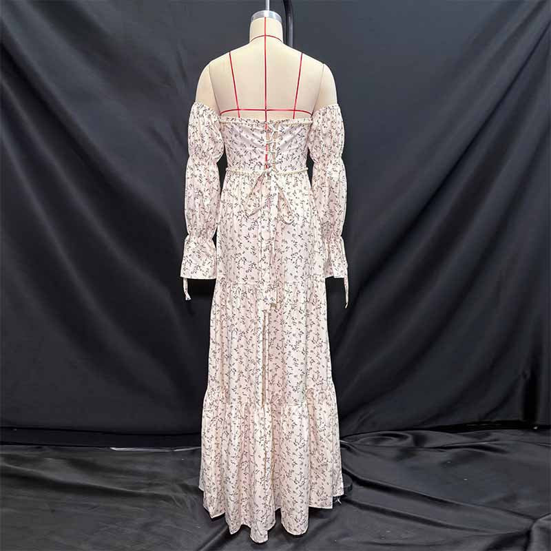 Women Summer White Floral Off-Shoulder Puff Sleeve Tie Dress 5