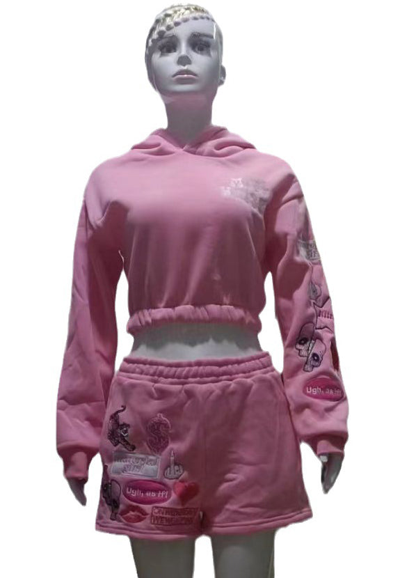 Women Sports Casual Embroidered Hoodies and Shorts Two-Piece Set