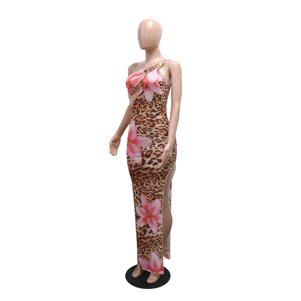 Slash Shoulder Hollow Sheer Mesh Print Dress for Women 10