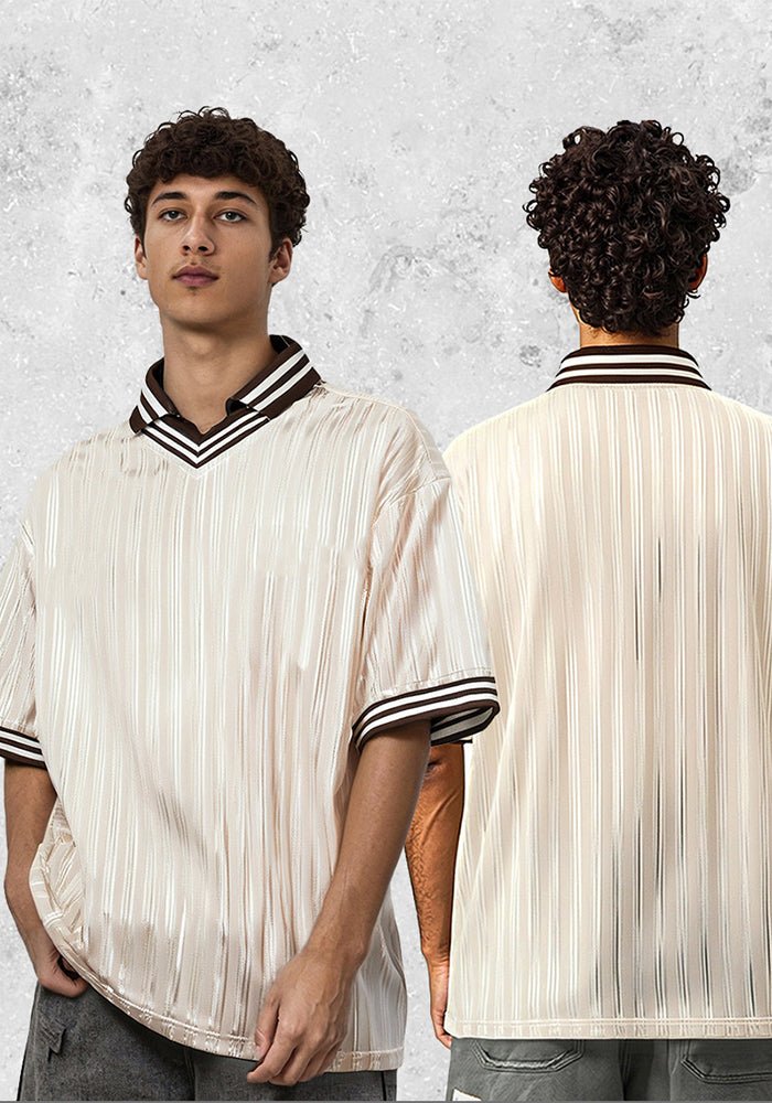 Men's Summer Polo Shirt Color Block Jersey Trendy Loose V-Neck Short Sleeve T-Shirt