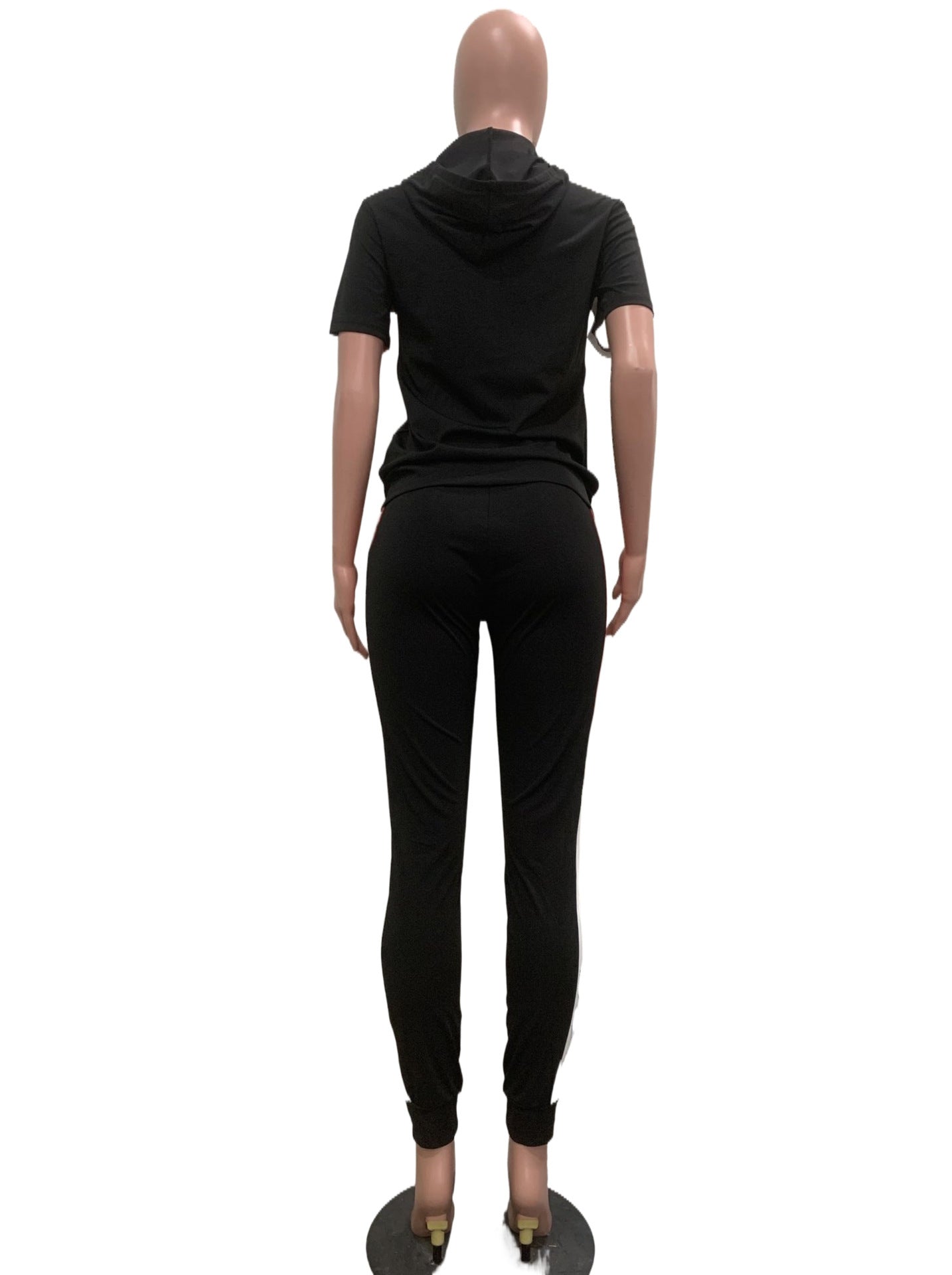 Women Casual Color Block Zipper Short Sleeve Drawstring Hooded Top and Pants Two Piece Set 5