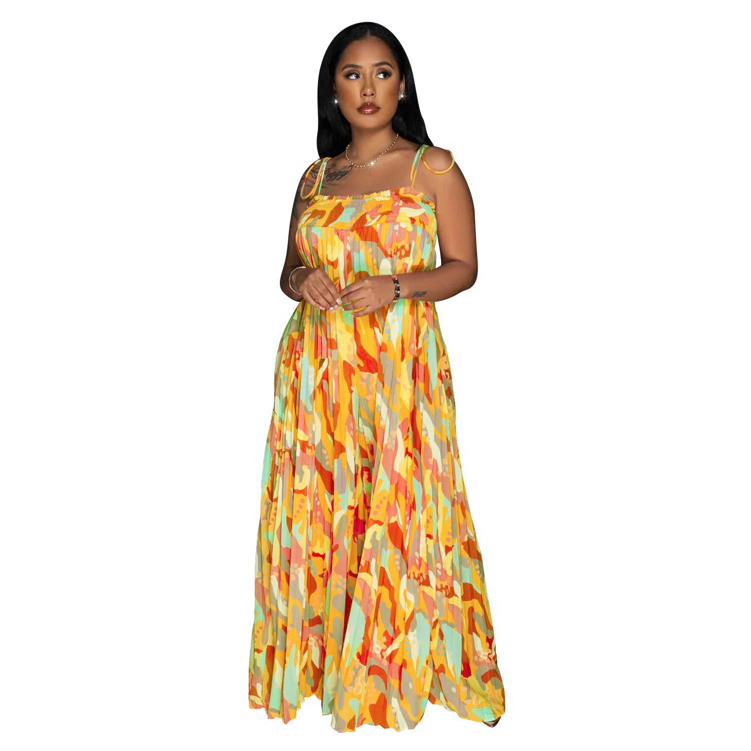 Women Sexy Printed Suspender Pleated Wide Leg Jumpsuit 11