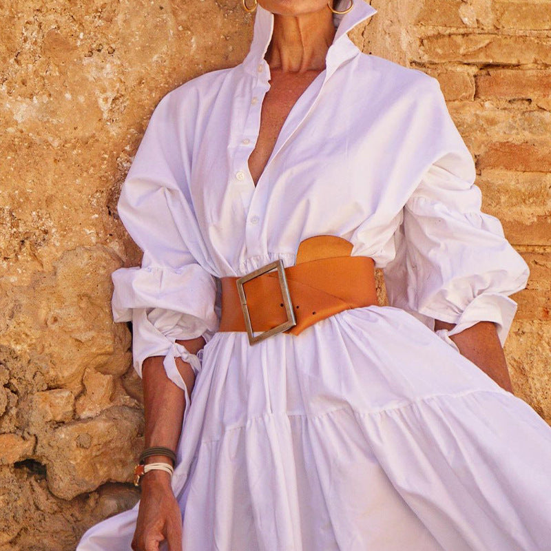 Spring Women's Fashion Chic Turndown Collar Long Sleeve Casual Midi Dress