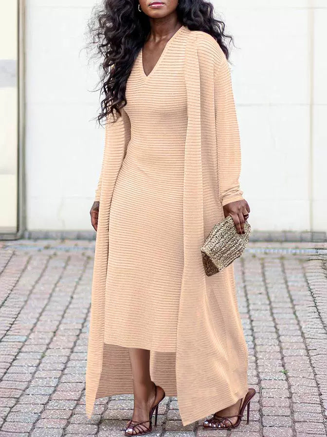 Women's Solid Color Ribbed Coat Slim V-Neck Dress Two-Piece Set 7