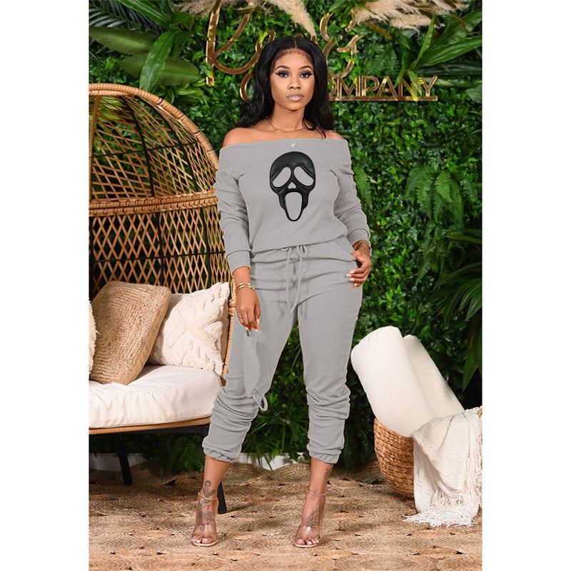 Women's Ribbed Loose Off Shoulder Casual Skull Print Two-Piece Pants Set 7