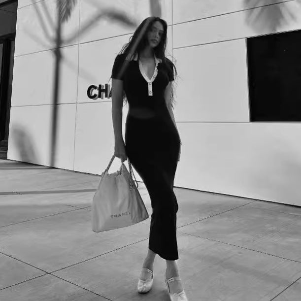 Turndown Collar Chic Contrast Color Short Sleeve Single-Breasted Female Knitting Long Dress 4