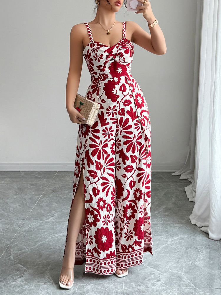 Women Spring and Summer Chic Elegant Knot Printed Small Suspender Wide Leg Jumpsuit 7