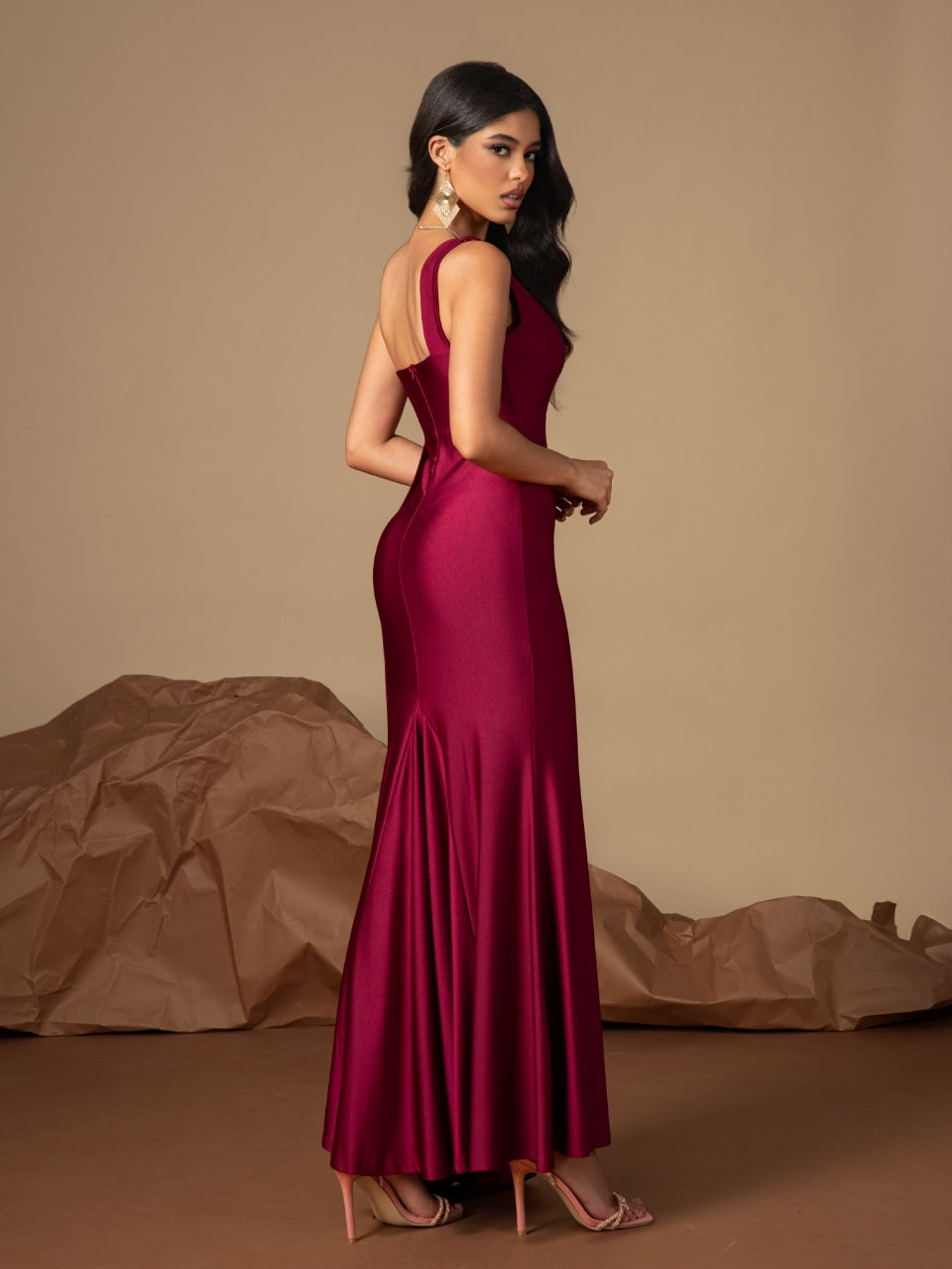 Women sleeveless one-shoulder sexy slit evening dress 4