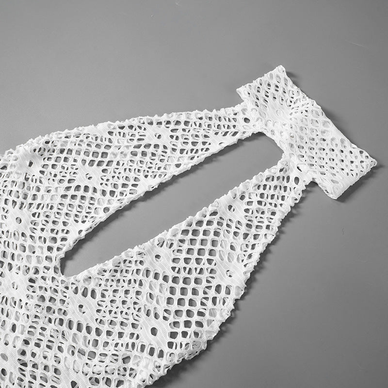 Women Summer Solid Sexy Round Neck Mesh Sleeveless See-Through Lace-Up Dress 17