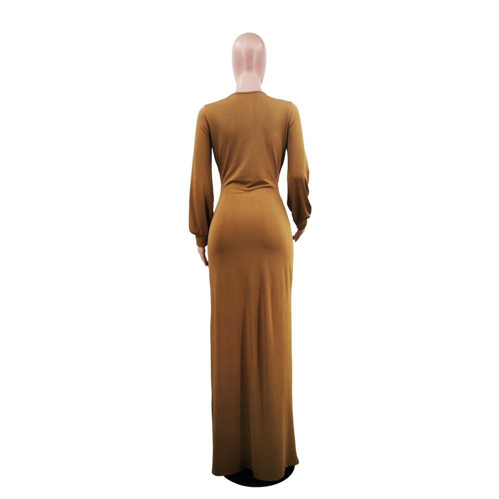 Women Casual Long Sleeve Solid V-Neck - Long Dress 25