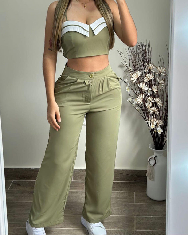 Women Contrast Color Patchwork Top and Pant Casual Two-Piece Set