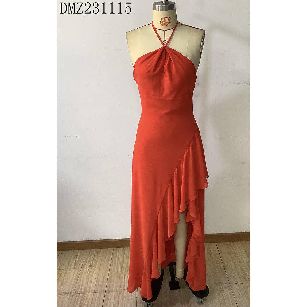 Women Elegant Halter Neck Strapless Backless Sleeveless Slit Ruffle Dress 6