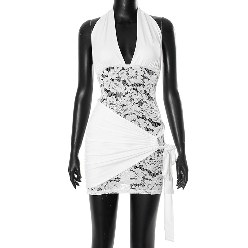 Women Sexy Halter Neck Lace Patchwork Gathered Tie Bodycon Dress 5