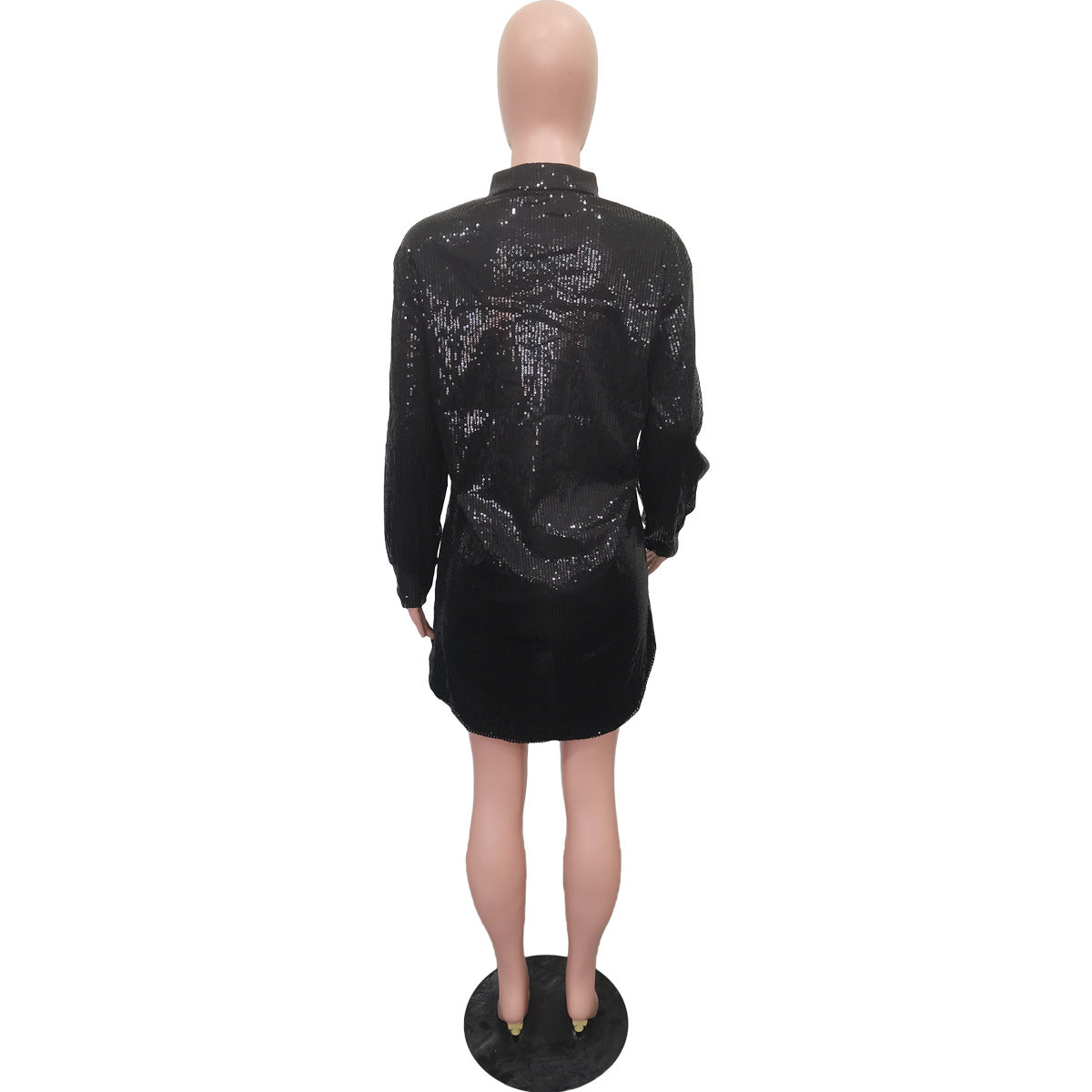 Women Solid Sequin Loose Shirt Dress 27