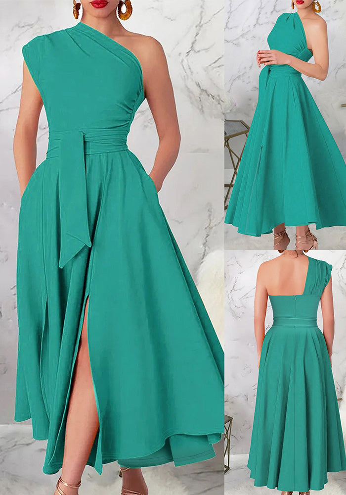 Women's Fashion Elegance Slash Shoulder Slit Solid Color Belt Long Dress