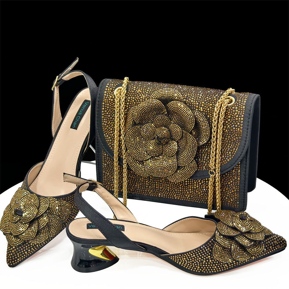 Black+Gold Pointed-Toe High-Heeled Shoes With Square Shoulder Bags Flower Decoration Ladies' Shoe And Bag Set 11
